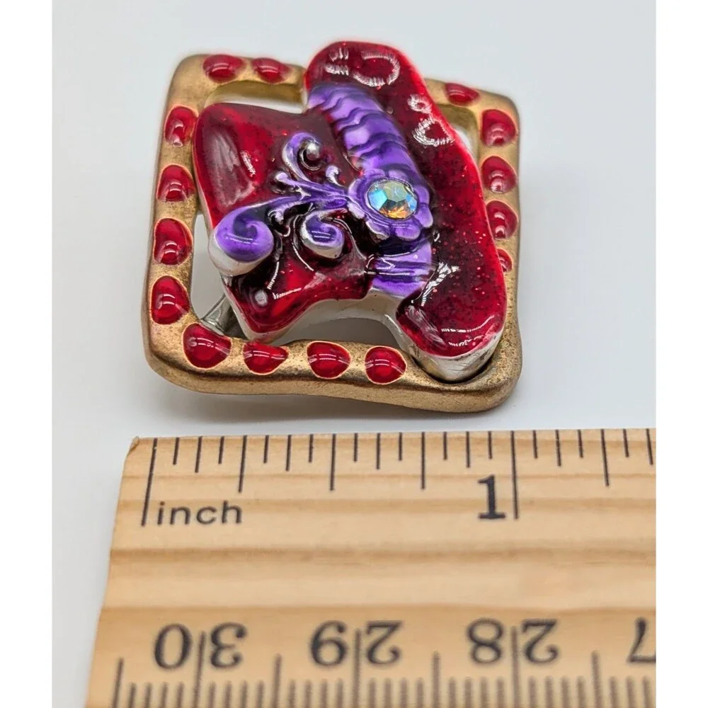 VTG AJMC Red Hat Lady Enamel Rhinestone Brooch Pin
